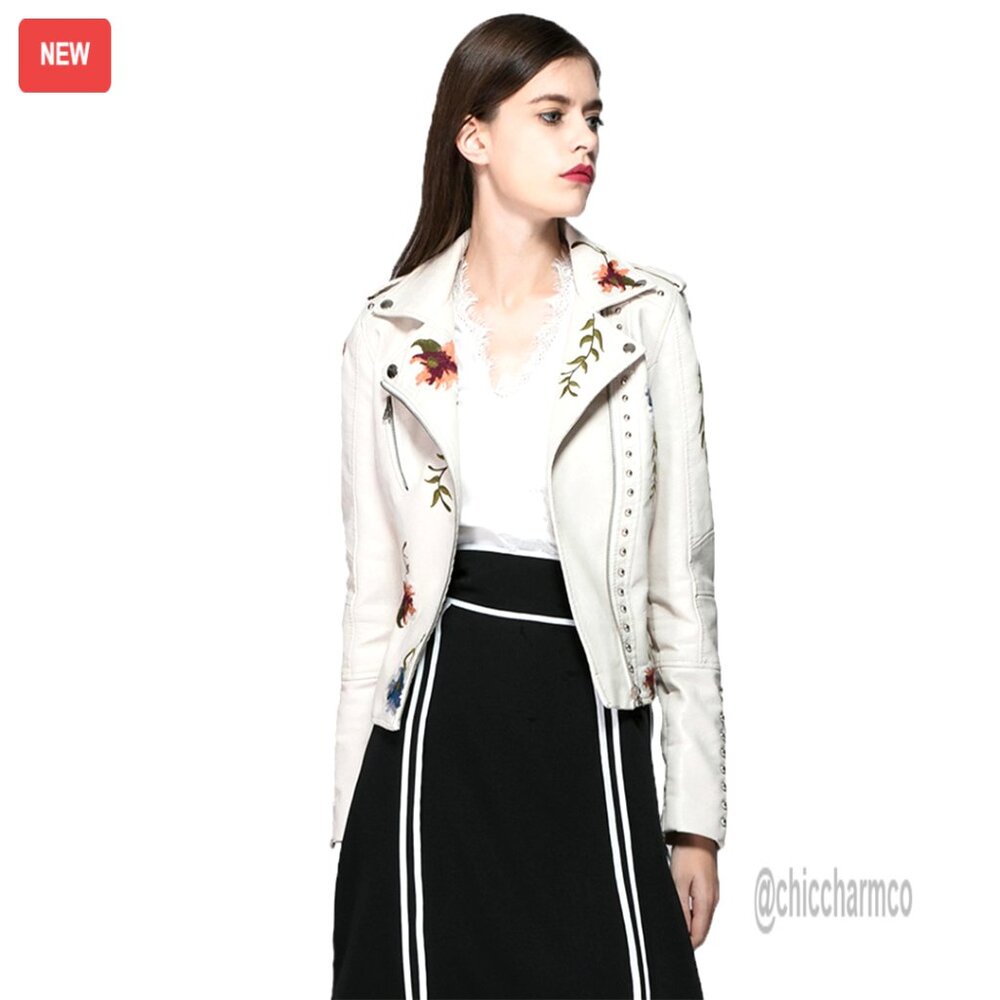 Floral Embroidered Faux Leather Moto Jacket Chic Y2k Retro Style Coat